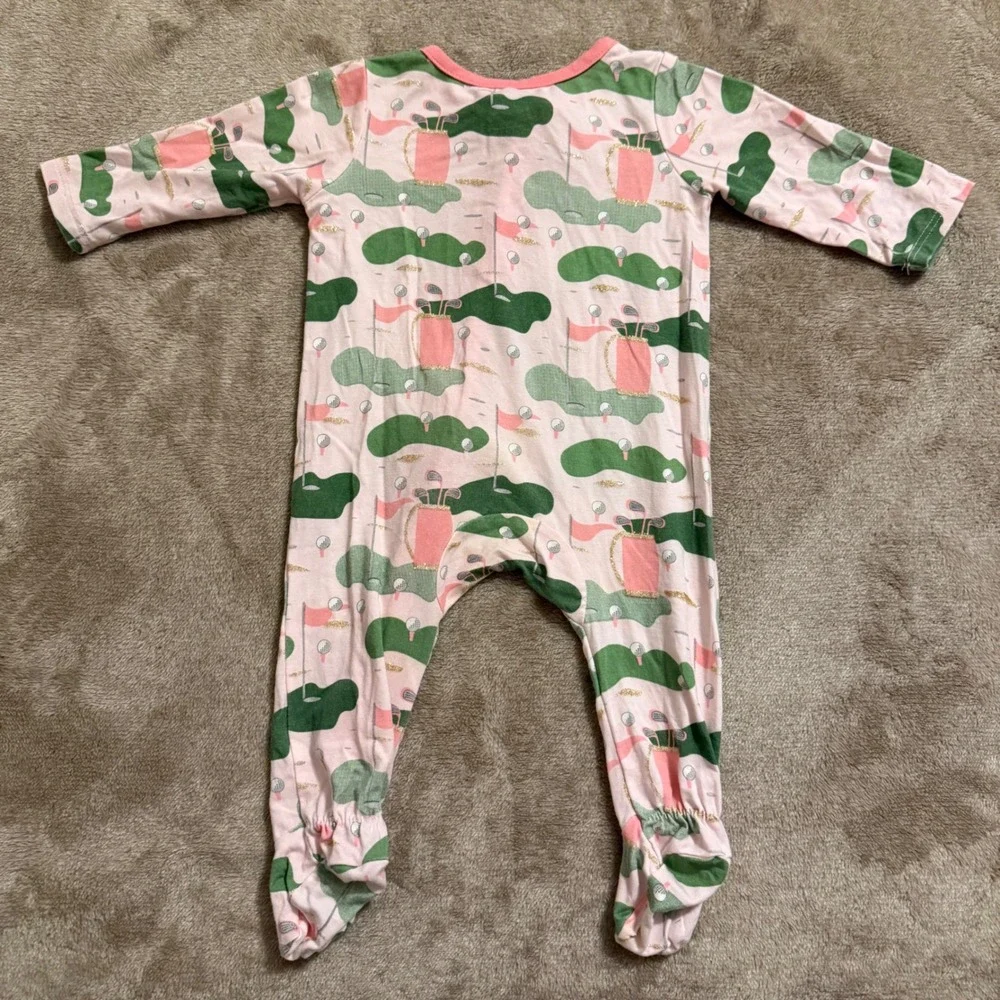 Mud Pie Baby Girl Golf Print Bamboo Viscose Footed Sleeper Pink Green 0-3 Months